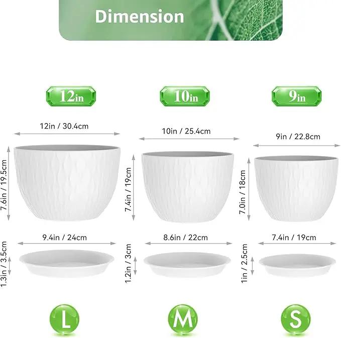 Plant Pots 12/10/9 Inch Pots, Set of 3 Plastic Planters with Drainage Holes and Saucers,Plastic Flower Pots,Nursery Planting Pot for Indoor Out Door Plants（White） by GreenHaven Gardens