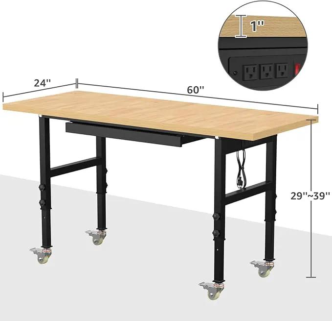 60" Adjustable Workbench,Heavy-Duty Work Table,3000 LBS Load Capacity Particleboard Hardwood Workstation Outlets with Power Strips, Drawers and Wheels,for Workshop, Garage by GreenHaven Gardens