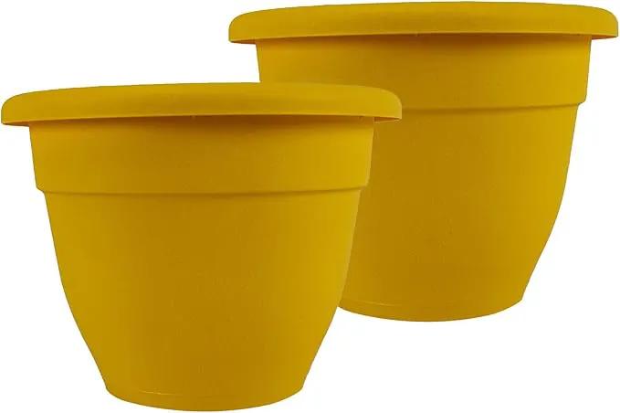 The HC Companies Caribbean Planter Pot - Outdoor & Indoor Plant Pot with Drainage Hole & Plug - Rolled Rim Plastic Pots for Plants & Flowers - Decorative Plant Pot (14" Honey, Pack of 2)