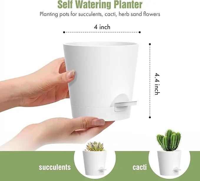 4 inch Self Watering Pots for Indoor Outdoor Plants, 6 Pack Plastic Flower Planters with Drainage Holes and Removable Saucers, Plant Pots with Wicking Rope, Modern Decor, White by GreenHaven Gardens
