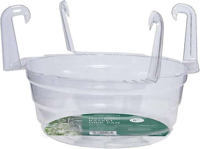 Curtis Wagner Plastics Hanging Basket Drip Pans (5-Pack) | Clear, Round (Diameter = 6.25" Base, 8" Top, 3.5" Depth) Hanging Plant Tray Saucer with Built-in Hooks & Water Catcher for Indoor & Outdoor by GreenHaven Gardens