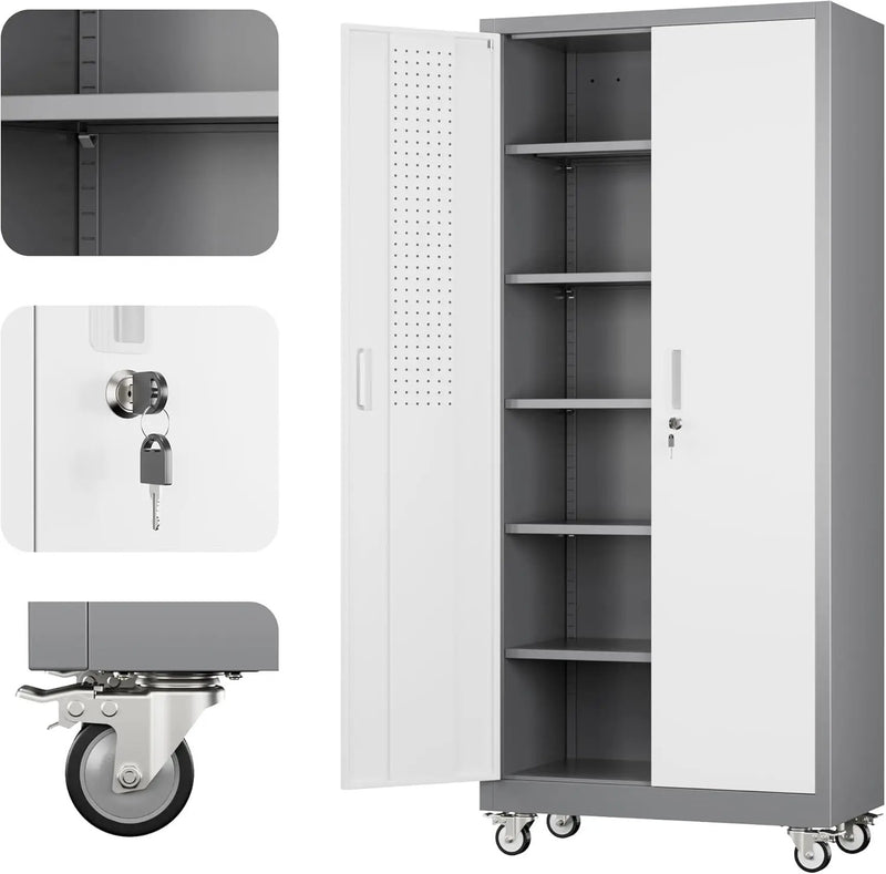 Aobabo 71" H x 32" W x 16" D Metal Storage Cabinet with Wheels, Garage Steel Storage Cabinet with 5 Adjustable Shelves and 4 Hooks for Home Office School, Assembly Required, Grey White by GreenHaven Gardens