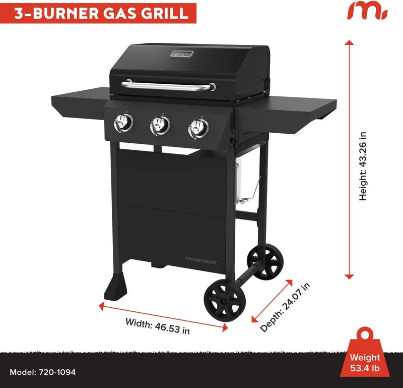 3-Burner Propane Gas Grill with Side Tables, 30,000BTUs, 429.81 SQ. In. Cooking Space, 2 Wheel Transport, Outdoor Kitchen Grill for BBQs, Backyards, Tailgating, and More - 720-1094 by GreenHaven Gardens