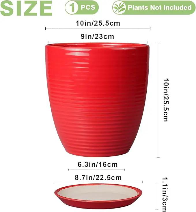 Ceramic Planter 10 Inch - Ceramic Pot for Plants Large Plant Pot Indoor with Drainage Hole and Saucer Round Outdoor Planter Modern Flower Pot for Garden House Red by GreenHaven Gardens
