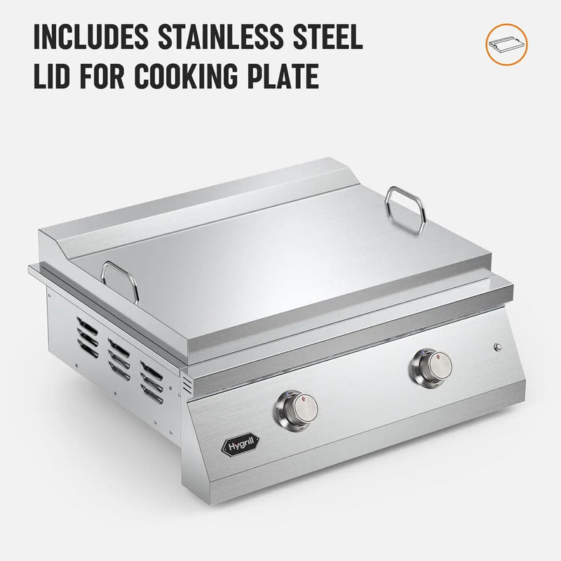 Hygrill 30-Inch Premium Built-In Liquid Propane Griddle for Outdoor Kitchen, Durable Stainless Steel 2-Burner Flat Top Grill with Lid and LED lights, 36000 BTUs by GreenHaven Gardens