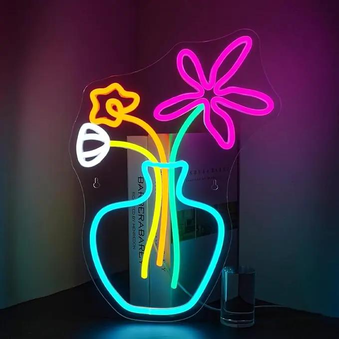 Flower Vase Neon Sign,Dimmable Neon Lights,Neon Flowers Sign for Wall Decor,Anime Flower Shape USB Connectivity Light Up Neon for Kids Room Girls Room Bar Birthday Party by GreenHaven Gardens