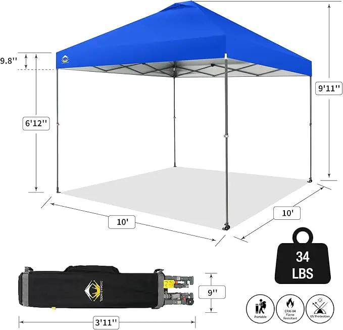 CROWN SHADES Adjustable Height on The Fly, 10x10 Pop Up Canopy - Beach Tent with One Push Setup - Easy Outdoor Sun Shade for Events, Parties, Camping - Outside Shade with STO-N-Go Bag, Blue by GreenHaven Gardens