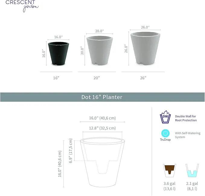 Crescent Garden Dot TruDrop Indoor/Outdoor Planter, Self-Watering Modern Plant Pot, 16 Inches, (Ash) by GreenHaven Gardens