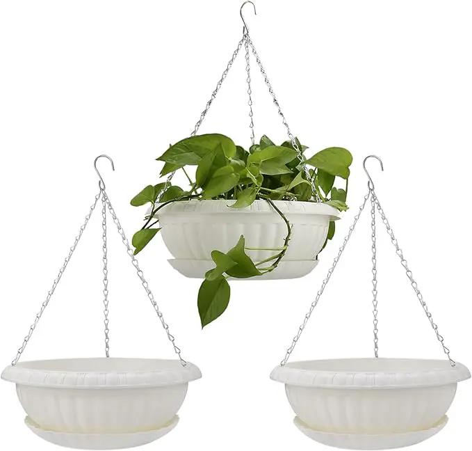 summer flower 3pcs 10.6 inch Plastic Hanging Planters Pots for Outdoor Indoor Plants Hanging Flower Plant Baskets Holder for Garden Porch Ceiling (White) by GreenHaven Gardens