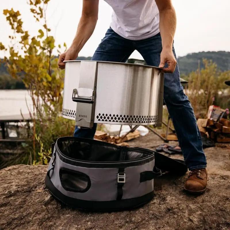 Breeo Smokeless Fire Pit to-Go Bundle (Y Series Stainless Steel, Outpost Grill & to Go Case) | 21 inch Smokeless Firepit for Outside | Ideal for Families by GreenHaven Gardens