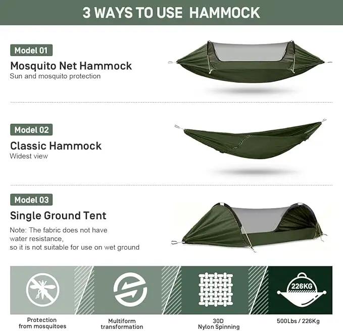 ETROL Camping Hammock with Mosquito Net,3 in 1 Function Parachute Portable Hammock,Double & Single Hammocks Tent for Travel Outdoor Indoor Hiking Patio - with Tree Straps,Carabiners,Aluminium Poles by GreenHaven Gardens