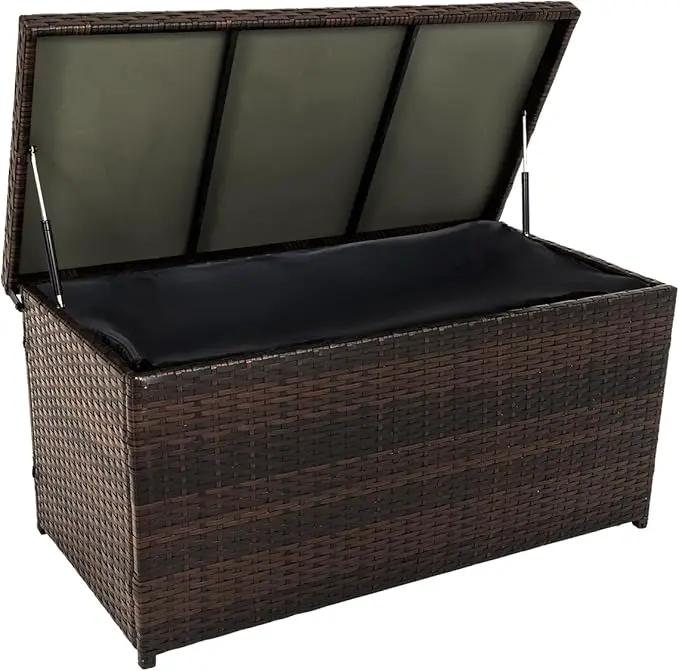 Outdoor 70 Gallon Wicker Storage Box with Waterproof Liner, Patio PE Rattan Storage Container for Outside, Deck Box with Hinged Lid for Cushions, Pillows, Towels, Horizontal Bin, Brown by GreenHaven Gardens