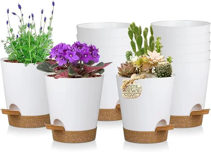 12 Pack 4 Inch Self Watering Plant Pots with Drainage and Saucers，Plastic Flower Pots for Indoor and Outdoor Plants, Nursery Planters for Houseplants and Herbs White Brown, 4 inch 12pcs by GreenHaven Gardens