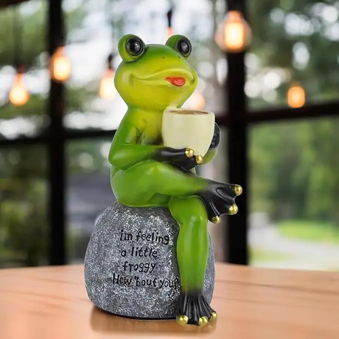 Spring & Summer-Themed Garden Statues – Adorable Outdoor Decor for Lawn, Patio & Porch (Coffee Drinking Frog Garden Statue with Funny Quote) by GreenHaven Gardens