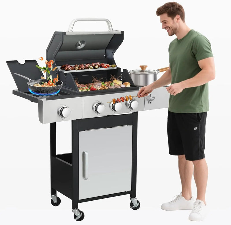 3-Burner Propane Gas BBQ Grill with Side Burner, Porcelain-Enameled Cast Iron Grates, Foldable Side Table, 37,230 BTU Stainless Steel Grill for Outdoor Camping Barbecue Grilling Backyard Cooking by GreenHaven Gardens