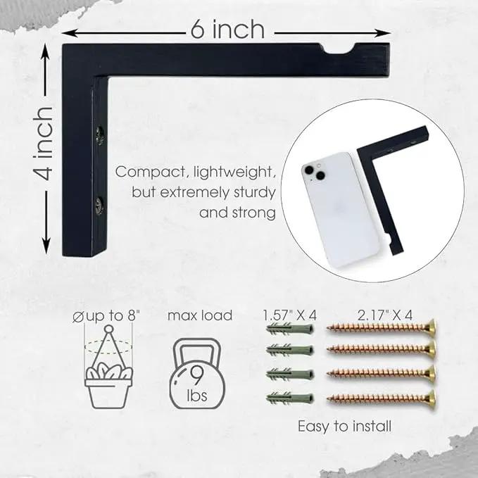 2-Piece Set of Plant Hooks for Wall 6 Inch - L-Shaped Mounted Wooden Plant Hook - Indoor and Outdoor Bracket Plant Hanger for Planters, Lanterns, Bird Feeders and Plant Basket (Black) by GreenHaven Gardens