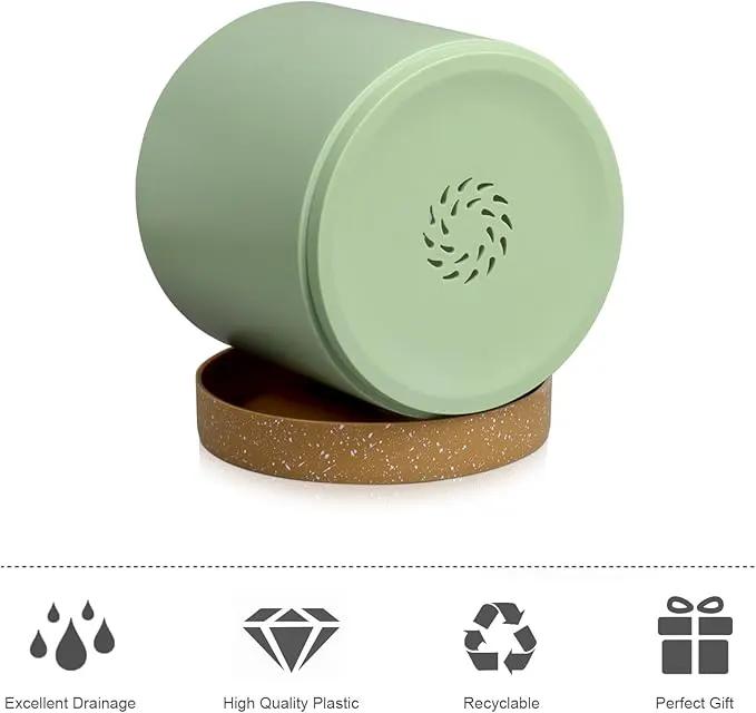 5 Pack Cylindrical Flower Pots with 7/6.5/6/5/4 inch, Modern Small Plastic Plant Pots with Drainage Holes & Saucers, Round Planter Pots for Outdoor, Indoor & Office Decor (Green Brown) by GreenHaven Gardens