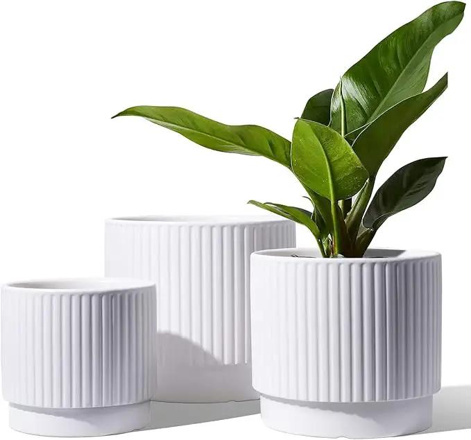 LE TAUCI Ceramic Plant Pots with Drainage Holes, Set of 3, 8+6.7+5.5 Inch Stripe Garden Planter Pots for Outdoor Indoor Plants Flower, Round Succulent Orchid Flower Pot, Small to Large Size, White by GreenHaven Gardens