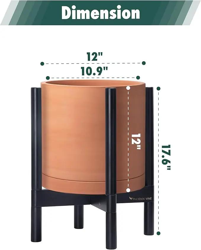 D'vine Dev Terracotta Planter with Ebony Stand - 12 Inch Modern Round Flower Pot with Wood Planter Holder, Terracotta, 55-B-H-5 by GreenHaven Gardens