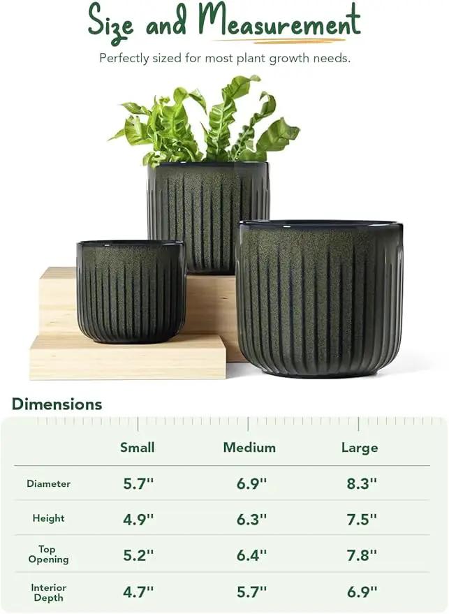 LE TAUCI Fluted Ceramic Planters Set of 3 – 8.3/7 / 5.7 in Dark Olive Reactive Cylinder Indoor Plant Pots with Drainage Plug & Mesh, Glossy Stoneware Flower Pots for Succulents Herbs by GreenHaven Gardens