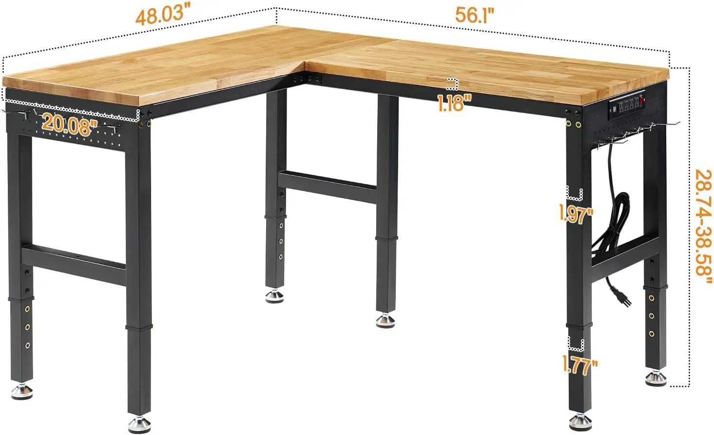 Albott 56"x48" L-Shaped Adjustable Workbench with Storage & Power Strip, Heavy Duty Tool Bench for Woodworking, Garage, Workshop, Home Office, 6000LBS Load, Pegboard & Hooks, ETL Certified by GreenHaven Gardens