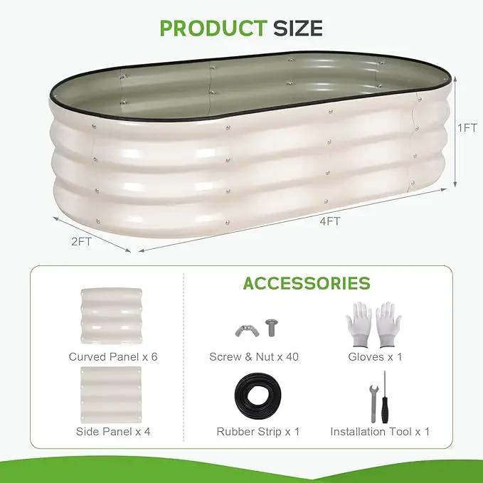 Galvanized Raised Garden Bed Outdoor - 4×2×1ft Planter Raised Beds for Gardening | Oval Metal Garden Planter Box with Safety Edging and Gloves for Vegetables Fruits and Flowers - White by GreenHaven Gardens