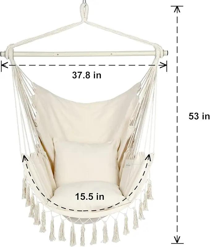 Y- STOP Hammock Chair Hanging Rope Swing, Max 500 Lbs, 2 Cushions Included, Large Macrame Hanging Chair with Pocket for Superior Comfort, with Hardware Kit (Beige) by GreenHaven Gardens