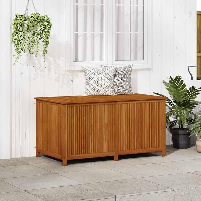 vidaXL Wooden Outdoor Storage Box with Gas-Lift Lid – Patio Deck Chest with Zippered Waterproof Bag for Garden Bench, Pool, Porch, Trunk, Cabinet, Teak Look – Brown, 59.1"x31.5"x29.5" by GreenHaven Gardens