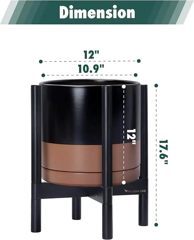 D'vine Dev Ceramic Planter with Ebony Stand - 12 Inch Modern Round Flower Pot with Wood Planter Holder, Black/Speckled Tan, 55-B-H-7 by GreenHaven Gardens