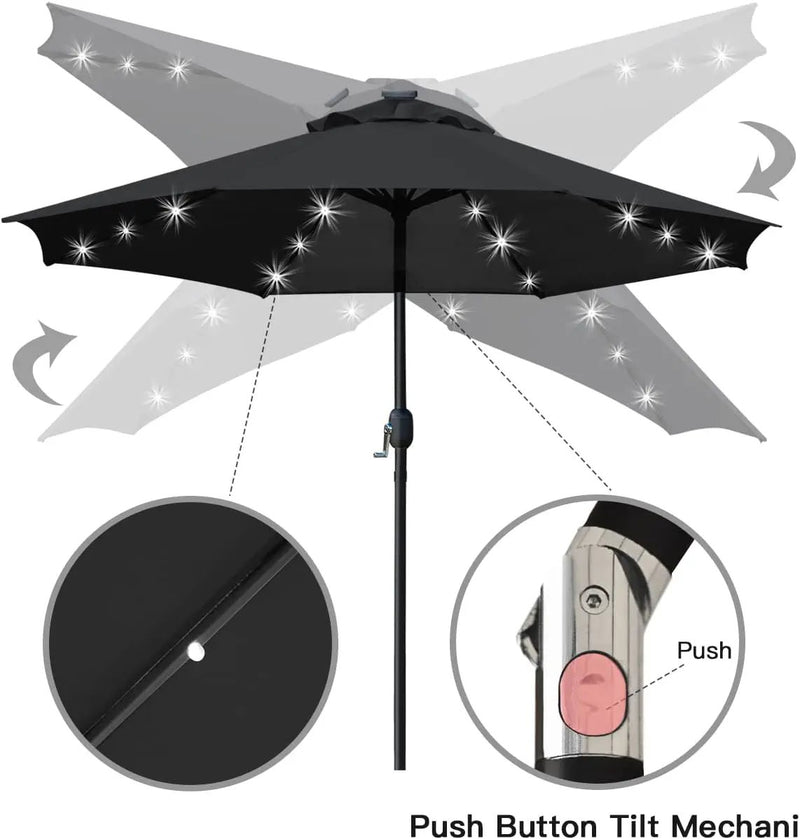 Sunnyglade 9' Solar LED Lighted Patio Umbrella with 8 Ribs/Tilt Adjustment and Crank Lift System (Black) by GreenHaven Gardens