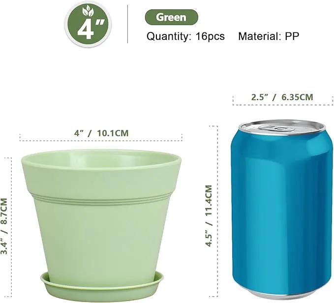 4 inch Small Plastic Nursery Pots, Seedling Pots - 16 Pack Plant Pots for Indoor & Outdoor Plants, Decorative Flower Pots with Drainage Holes and Saucers for House Plants, Green by GreenHaven Gardens