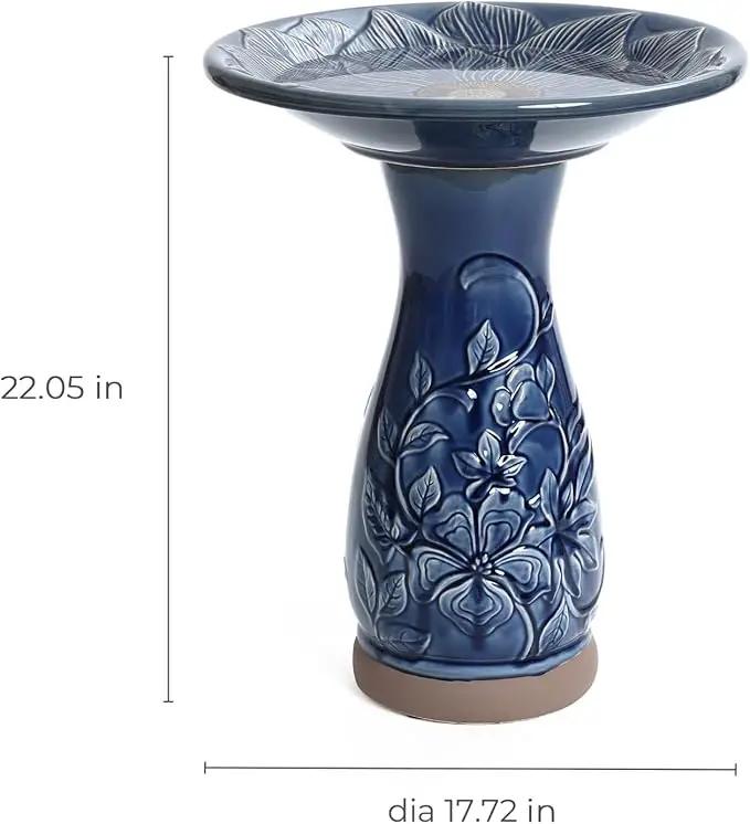 LuxenHome 22 Inch Ceramic Bird Bath for Outside, Elegant Tall Outdoor Bird Bath, Lightweight Pedestal Glazed Birdbaths for Outdoors with Floral Pattern, Deep Blue by GreenHaven Gardens