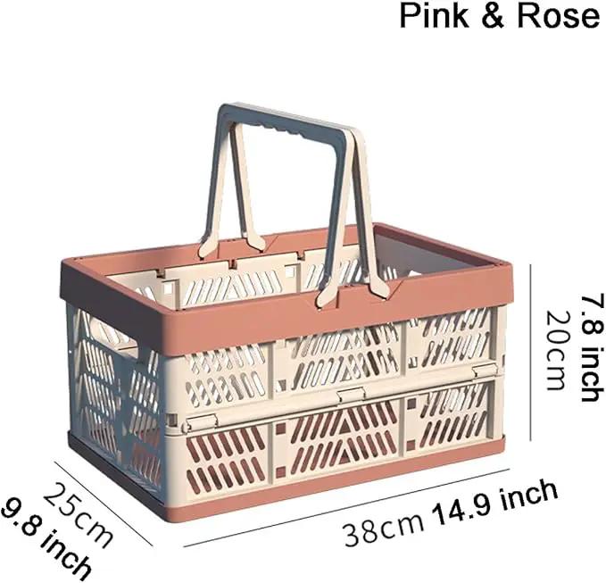 Foldable Handle Storage Crate Bin - 20L Collapsible Plastic Crate Stacking Storage Basket - Pink & Rose M by GreenHaven Gardens