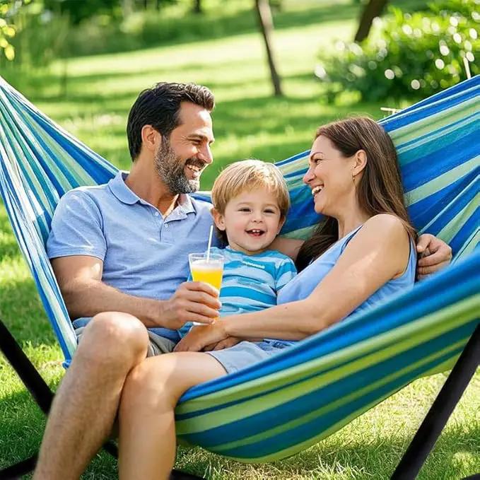 Double Hammock with Stand, 2 Person Hammock with Carrying Bag,Heavy Duty Portable,500 lb Capacity, Perfect for Both Indoors and Outdoors，Ocean Breeze by GreenHaven Gardens