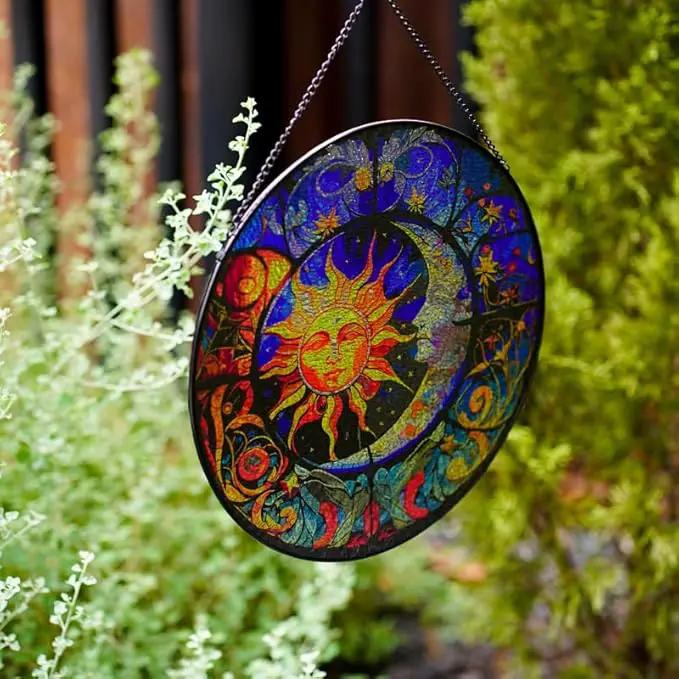 Stained Glass Suncatcher,Sun and Moon Artistic Window Hanging,7.8” Hand-Painted Glass Panel Wall Home Decor,Gift for Women Garden Decor Suncatcher (Sun and Moon), BL009 by GreenHaven Gardens