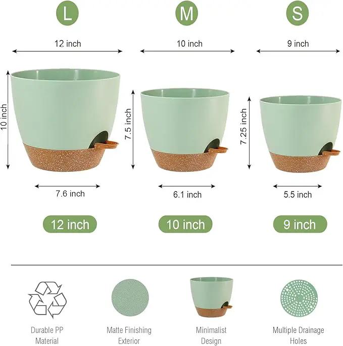 Large Self Watering Pots, 12/10/9 Plastic Planters with High Drainage Holes and Deep Reservoir for Indoor Outdoor Garden Plants and Flowers, Green with Brown by GreenHaven Gardens