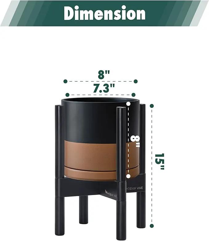 D'vine Dev Ceramic Planter with Ebony Stand - 8 Inch Modern Round Flower Pot with Wood Planter Holder, Black/Speckled Tan, 55-B-M-7 by GreenHaven Gardens