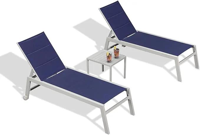 PURPLE LEAF Outdoor Chaise Lounge Set Adjustable Sunbathing Recliner with Side Table for Beach Poolside Outside Patio Aluminum Chaise Lounger Navy Blue by GreenHaven Gardens