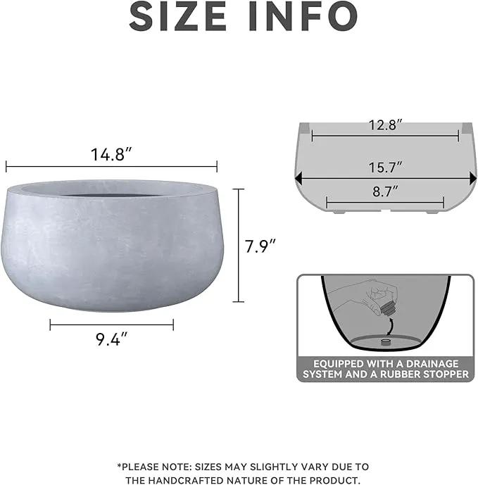 Kante 15.7" Dia Round Concrete Planter, Cement Plant Pots with Drainage Hole and Rubber Plug for Outdoor Indoor Garden Home, Modern Curvaceous Design, Gray by GreenHaven Gardens