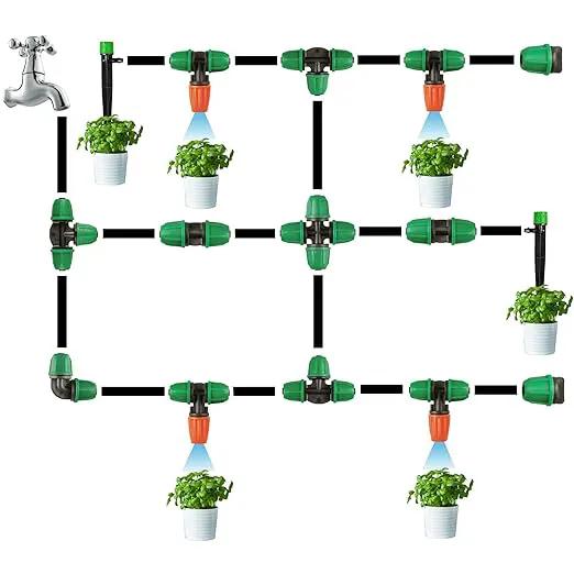 Drip Irrigation Fittings Kit for 1/4" Tubing, 65 Pcs Drip Line Lock Barbed Connectors for Drip Systems - 18 Couplings, 15 Tees, 12 End Caps,1 0 Elbows, 5 Cross Connectors, 5 Misters Nozzles by GreenHaven Gardens
