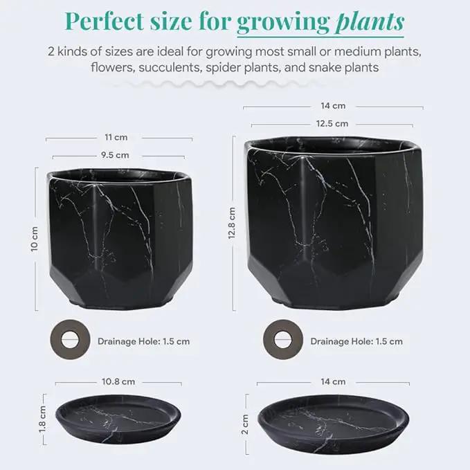 Black Plant Pot with Drainage Holes and Saucers, Ceramic Pots for Indoor Outdoor Plants, 4 & 5 Inch Premium Hand Glazed Sustainable Planters for Flower, Garden, Succulent, Nursery, Home Decor by GreenHaven Gardens