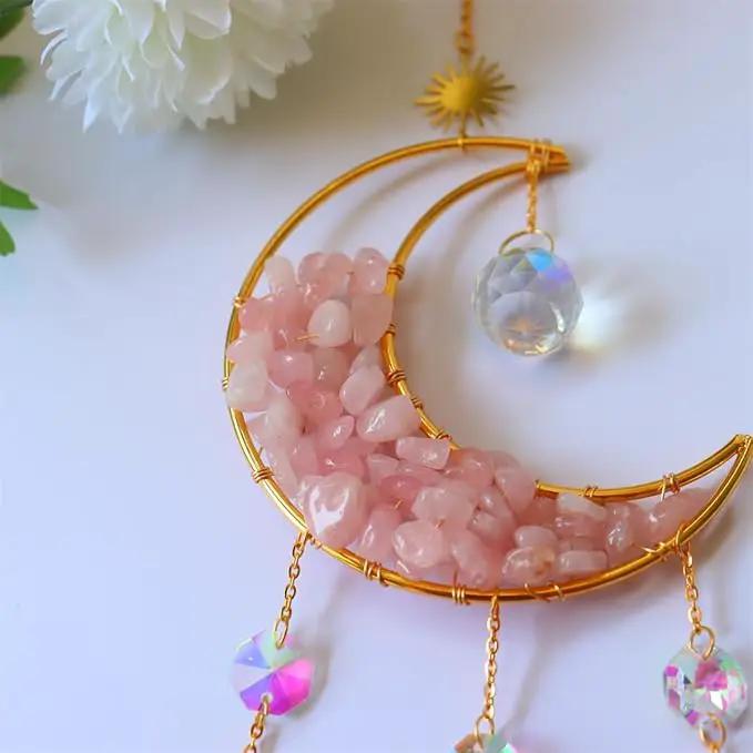 Crystal Suncatcher Hanging Moon Sun Light Catcher with Glass Prisms for Window Natural Pink Crystal Decor Home Indoor Making Rainbows by GreenHaven Gardens