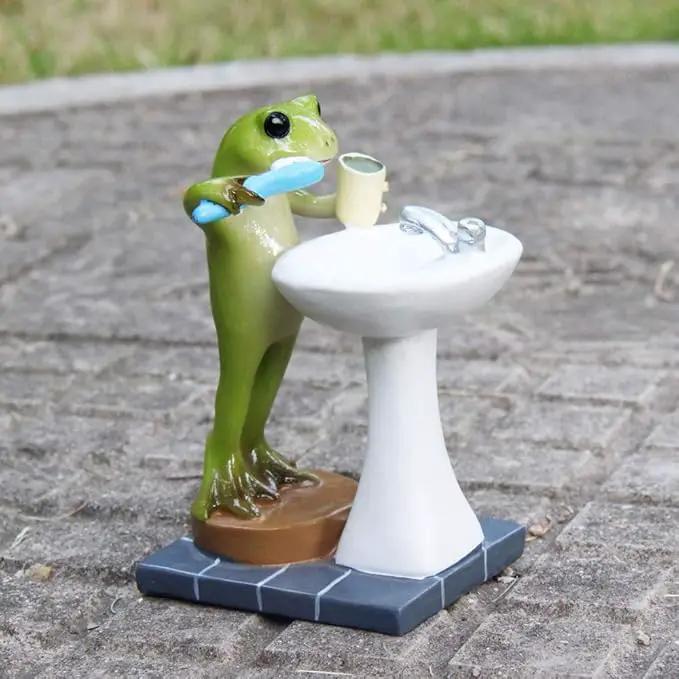 Tfro & Cile Frog Garden Statue Decor Miniature Animal Figurine Outdoor Fairy Brushing Teeth Sculpture for Bathroom - 3.3 Inch Height by GreenHaven Gardens