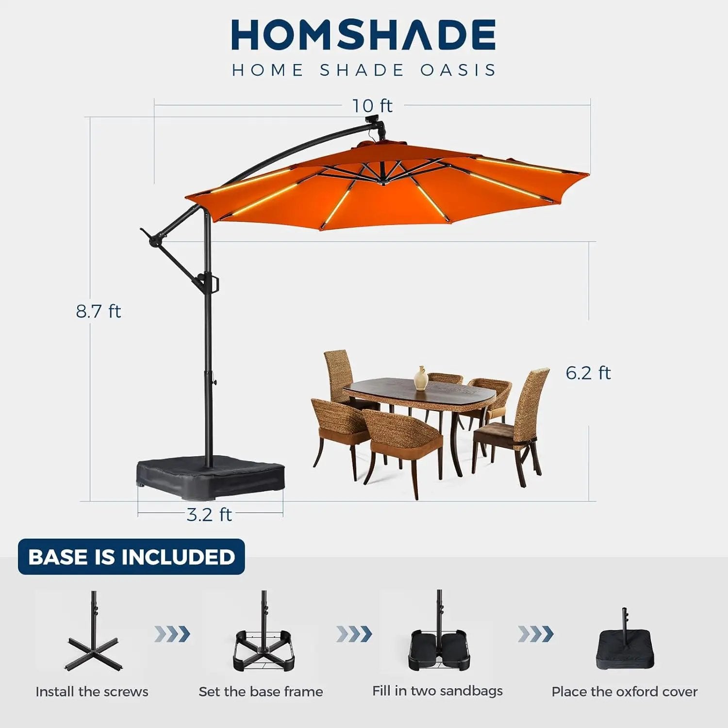 HOMSHADE 10ft Solar Lights Offset Cantilever Patio Umbrella - with Light and Base, LED Lighted Offset Hanging Patio Outdoor Market Umbrella UPF50+ UV Protection with Easy Tilt and Crank (Orange) by GreenHaven Gardens