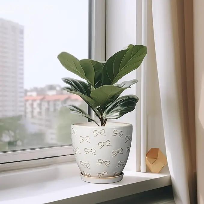 Ceramic Pots for Plants - 8 Inch Plant Pot with Drainage Hole and Saucer Large Planter Pot for Indoor Plants Outdoor Modern Flower Pot Home Decor White by GreenHaven Gardens