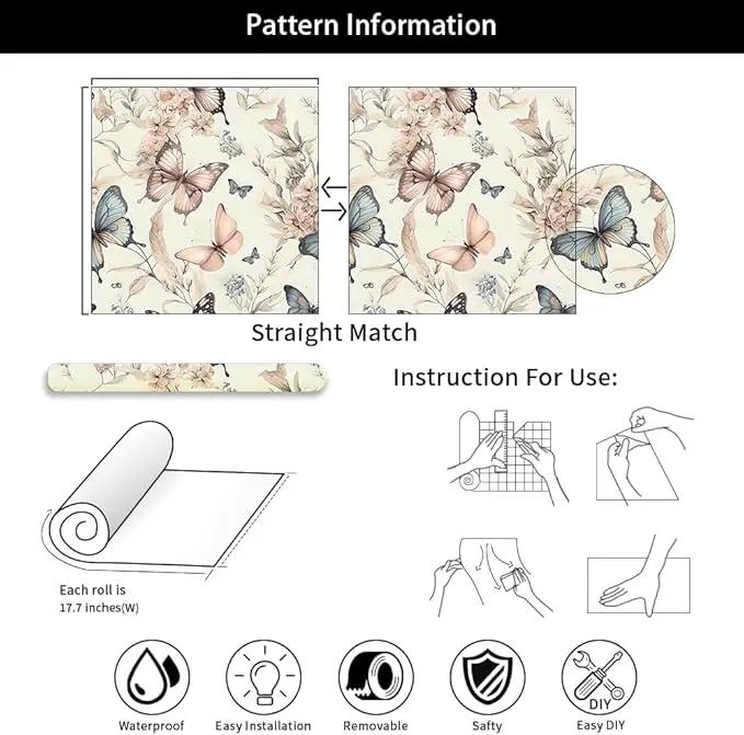 Wonderland Boho Butterfly Flowers Peel and Stick Wallpaper Self Adhesive Removable Easy Peel Off Stick on Wall Paper for Bedroom Cabinet Renter Friendly by GreenHaven Gardens