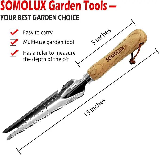 SOMOLUX Multifunctional Garden Tool Stainless Steel Shovel Hand Weeder with Wood Handle Soil Knife Tool for Planting Weeding Digging Transplanting Cutting Measuring by GreenHaven Gardens