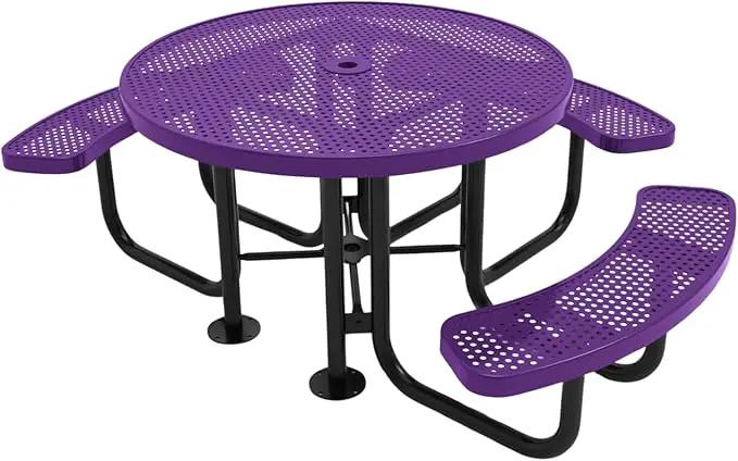 Heavy-Duty Portable Outdoor Picnic Table with Umbrella Hole, Punched Steel Patio Dining Furniture Made in America (46" Round Top, Purple) by GreenHaven Gardens