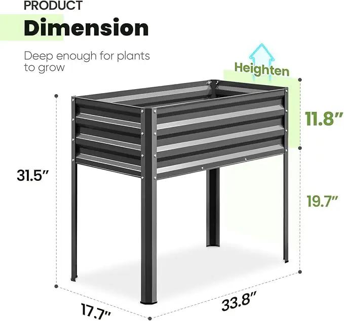 KING BIRD Raised Garden Bed with Legs Galvanized Elevated Planter Box for Backyard, Patio, Balcony, 33.9x17.7x31.5in, Dark Grey by GreenHaven Gardens