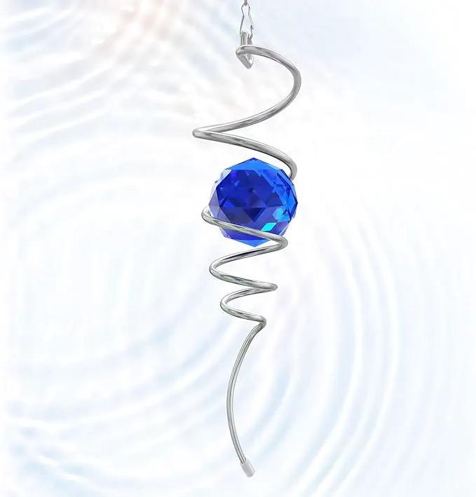 Gazing Ball Spiral Tail Wind Spinner with Sea Blue Crystal Orb, Wind Spinners Stabilizer with Hanging Swivel Hook, Sun Catcher Rainbow Maker Indoor & Outdoor Decoration Garden Gift 13" Height by GreenHaven Gardens